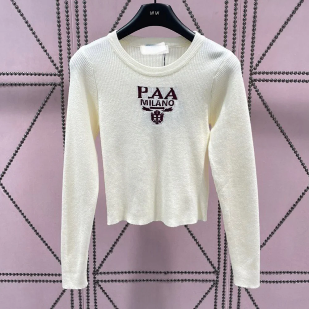 

Women Tops T-shirts Slim Fit Knitted Long Sleeved Sweater Small Round Neck Color Pit Stripe Design Women Clothing