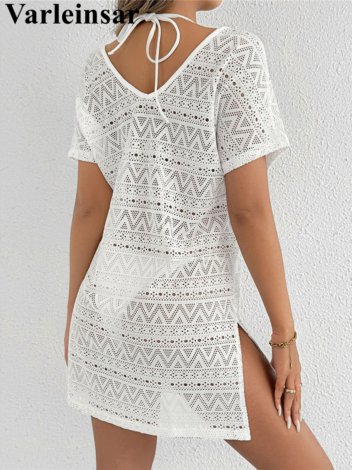 S - XL V Neck Short Sleeve Hollow Out Knitted Tunic Beach Cover Up Cover-ups Beach Dress Beach Wear Beachwear Female Women V8214 2