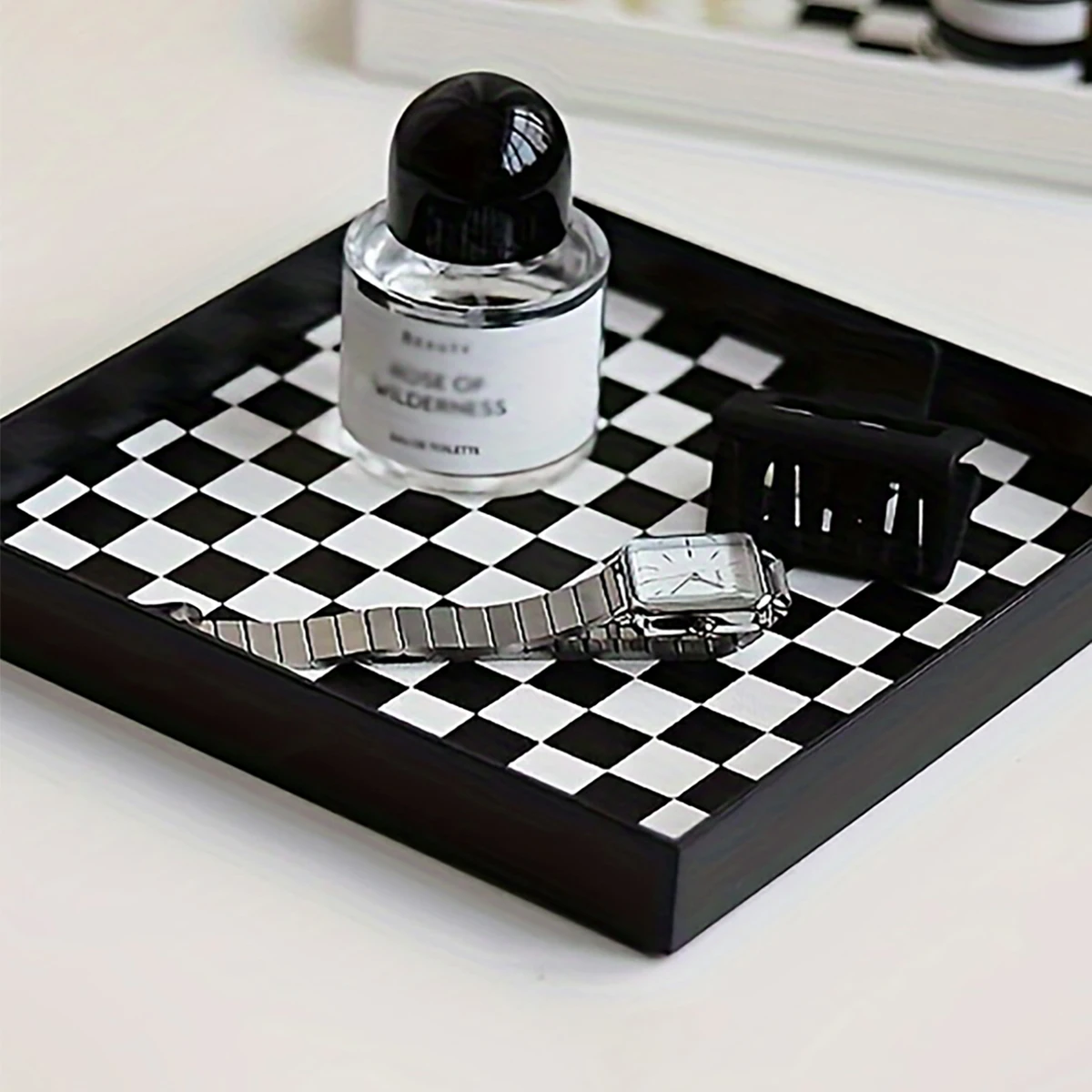 1pc-Desktop Storage Tray, Medieval Black and White Checkerboard Entrance Jewelry, Square Ornament
