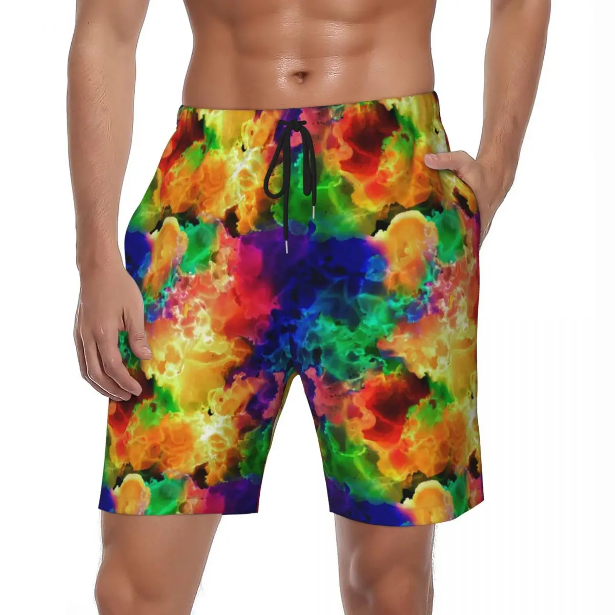

Шорты мужские пляжные, спортивная одежда с абстрактным неоновым рисунком, психоделические, радужные короткие штаны, Гавайские удобные, лето