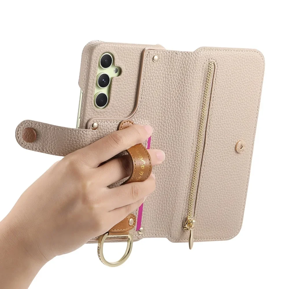 Card Holder Wallet Wrist Strap Ring Flip Phone Case