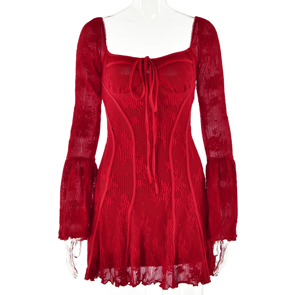 JULISSA MO Ladies Elegant Lac-up Square Neck Patchwork Long Sleeve Mini Dress Women Sexy 2025 Fashion Sexy Backless Slim Outfits