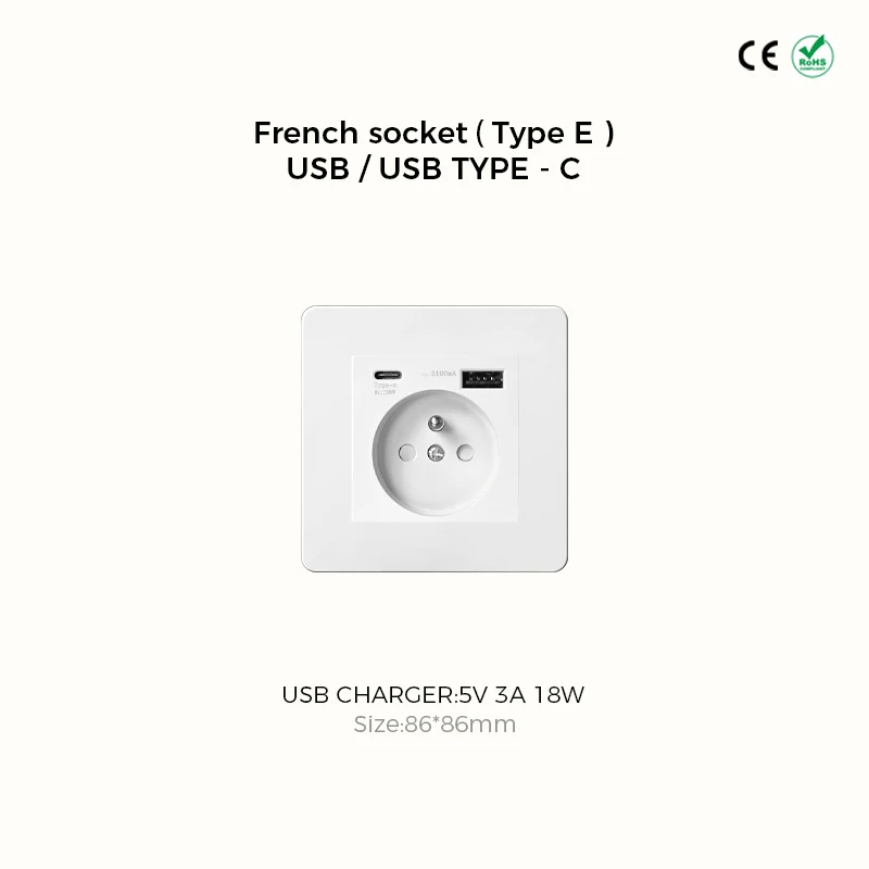 Avoir White Matte Wall Toggle Switch with European Standard Power Socket and Charging Port