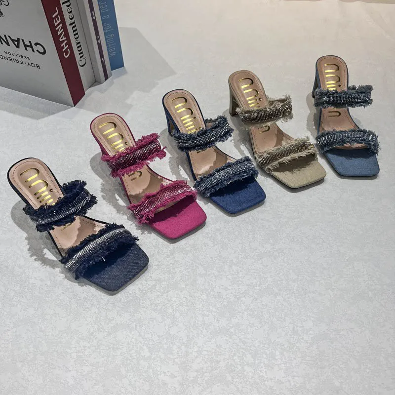 

Xibeilove New Women's Slippers with Tassels and Sexy Rhinestone Square Heels Large High Heels