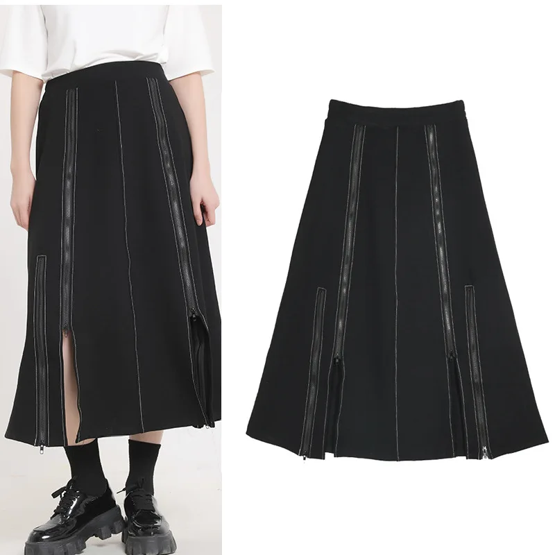 

Fashion Gothic Design Feeling Half length Dress Spring New High Waist Show Mid length Dress Vintage Zipper Panel Black Dress