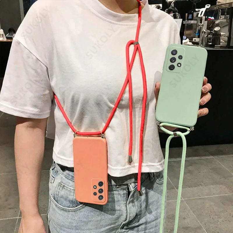 samsung cute phone cover For Samsung Galaxy A52 5G A72 A42 S22 Ultra S21 S20 FE A51 A71 Crossbody Hanging Shoulder Cover Liquid Silicone Lanyard Case kawaii phone case samsung