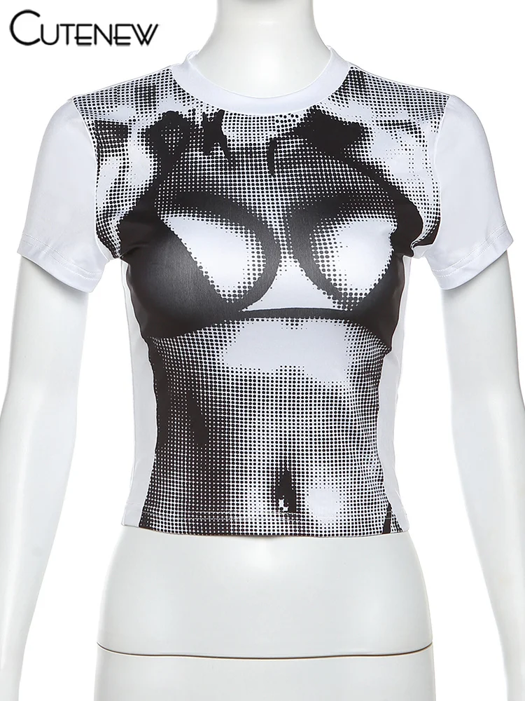 Camiseta con estampado tie-dye para mujer, top sexy ajustado de cuello redondo y manga corta, ropa informal para chica atractiva, nueva moda urbana