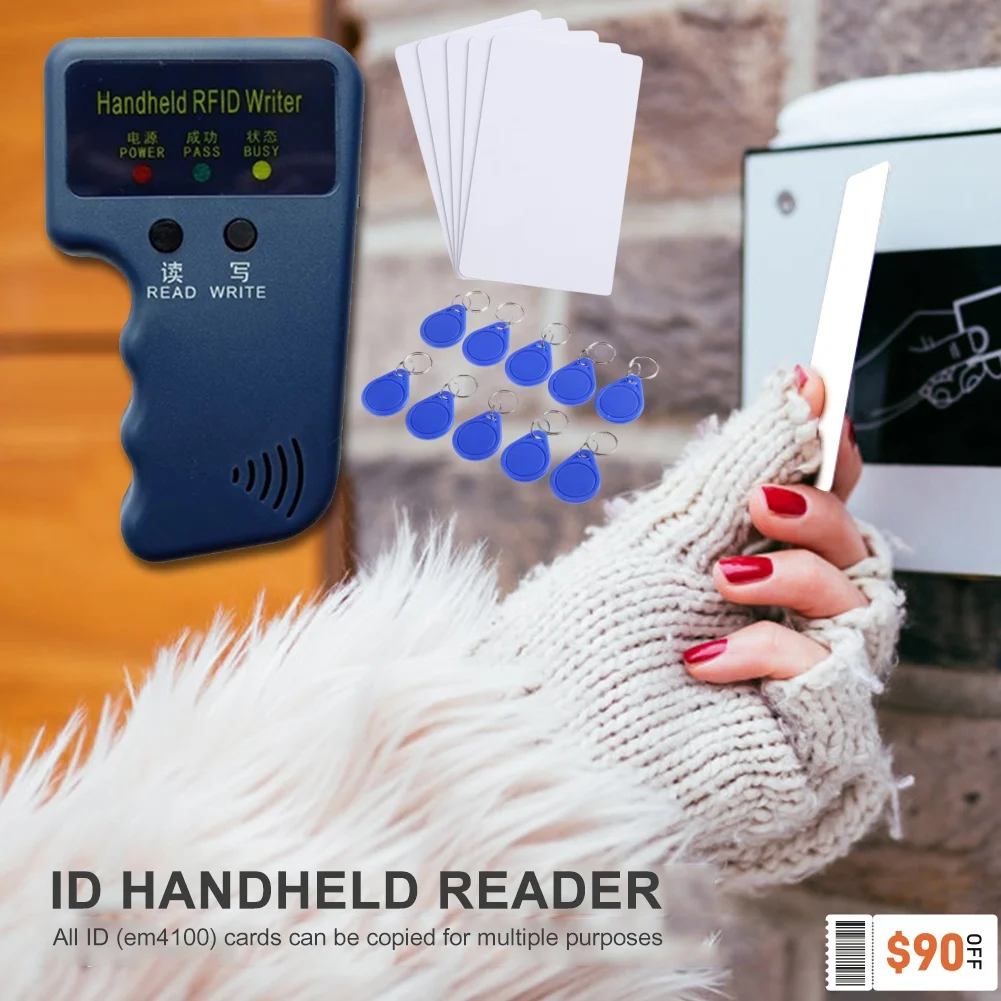 Repetitive Handheld 125KHz EM4100 5200 RFID ID Card Writer Copier Duplicator Programmer + 5pcs T5577 Rewritable Keyfobs Tags