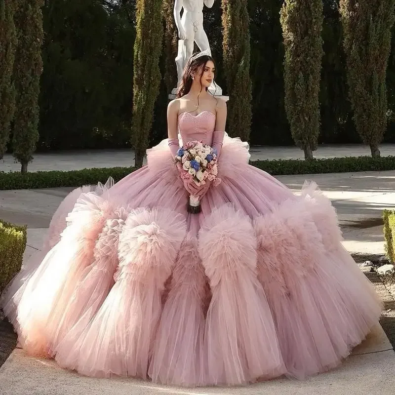 

Pink Charro Quinceanera Dresses Ball Gown Sweetheart Tulle Ruffled Puffy Mexican Sweet 16 Dresses 15 Anos