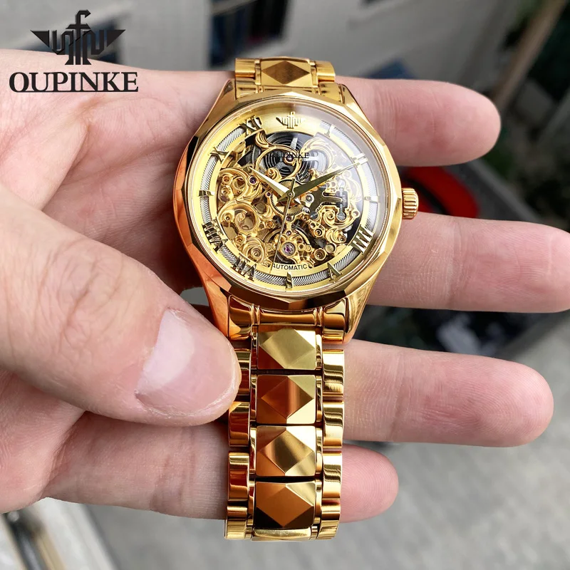 OUPINKE 3168 Luxury Mens Watches Transparent Hollow Out Tungsten steel Automatic Mechanical Watch 50m Waterproof Man Wristwatch
