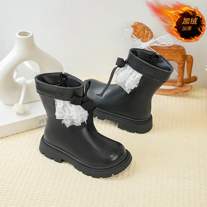 Leather Boots for Girls Winter Kids Fleece Non Slip