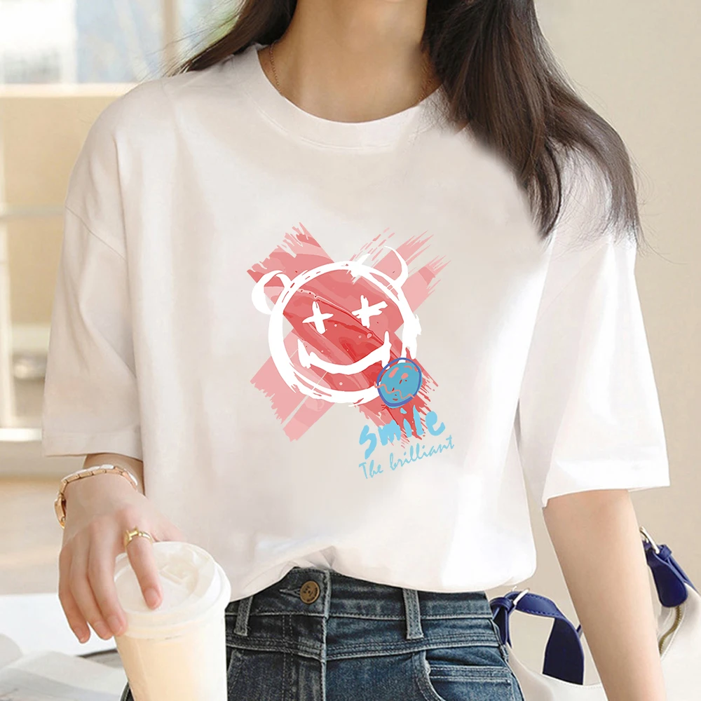 

Fashion T-shirt Aesthetic printed face flower short sleeve T-shirt Street wear with girlfriend top women casual Harajuku women