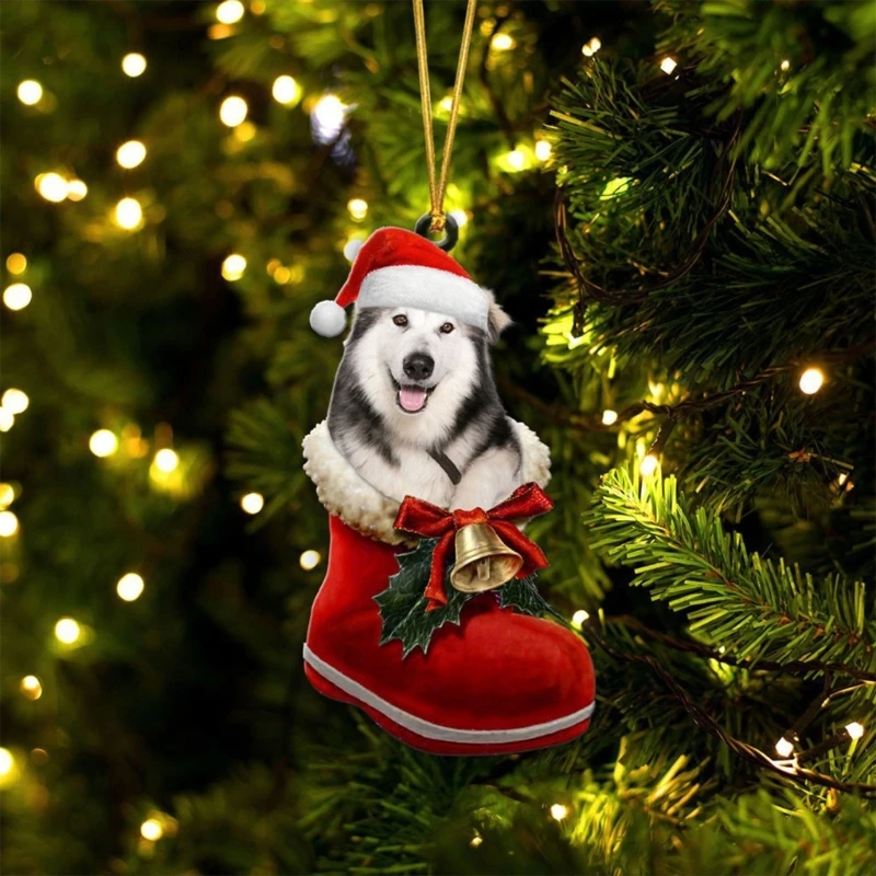 Festive Dog Sock Christmas Tree Pendant Decor Hanging Decoration Handmade Acrylic Ornaments Holiday Home Party