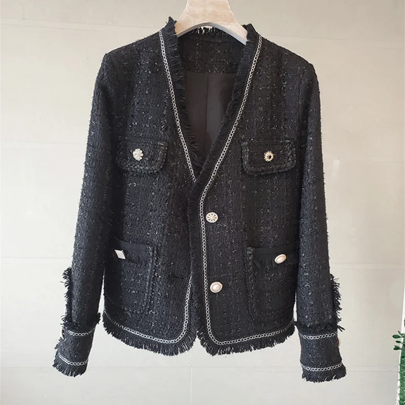 

New High Quality Designer Women Tweed Jackets v neck 2023 Spring Autumn Women's Long Sleeve Button Slim Tweed Coats