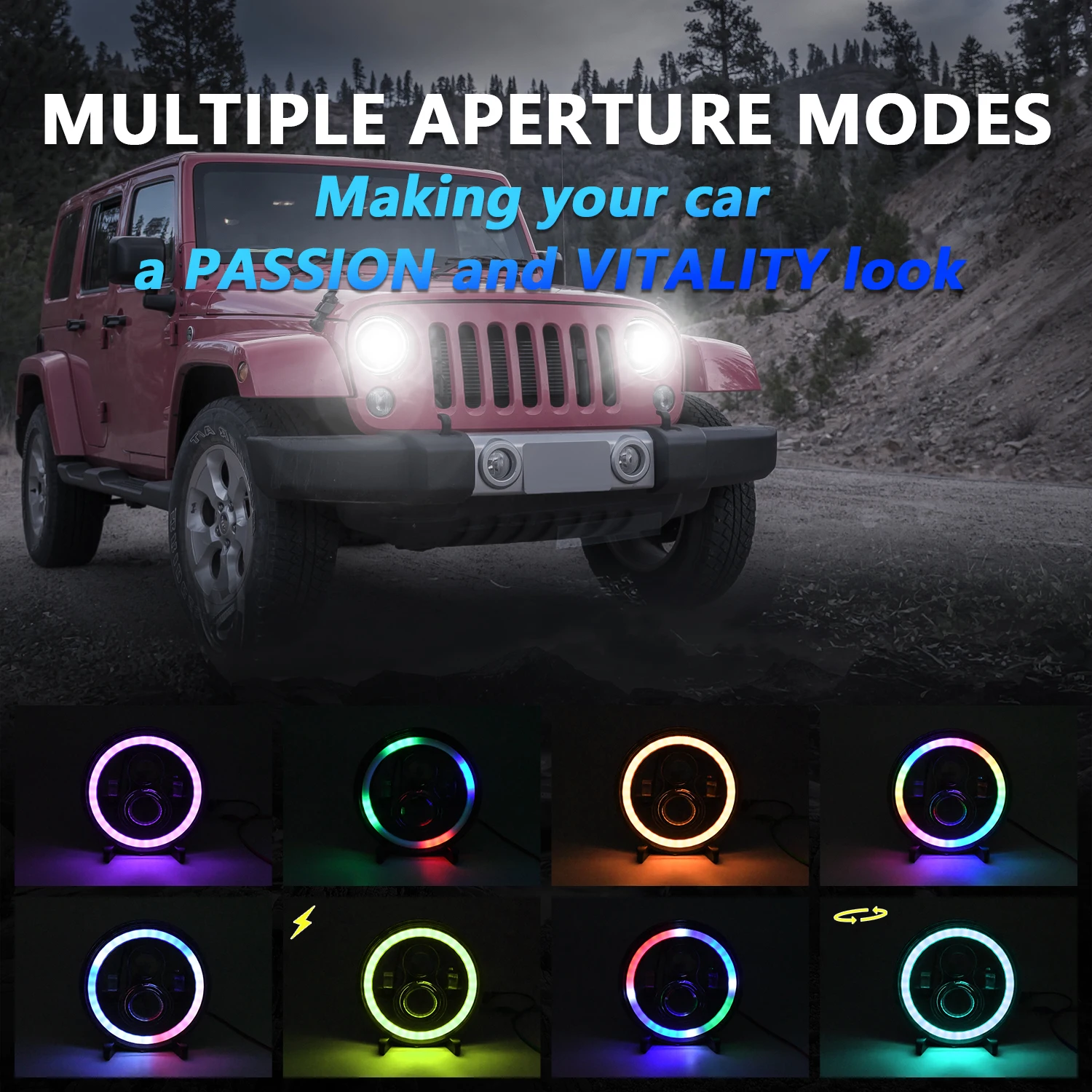 Angel Eyes DRL 7" Car Headlamp with High/Low Beam Turn Signal Jeep Crystal Len