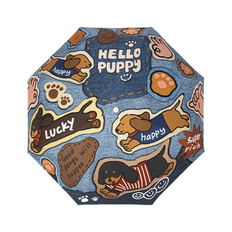 Charming Dachshund Patterned Compact Auto Umbrella - Windproof Design with Sun Protective Black Lining