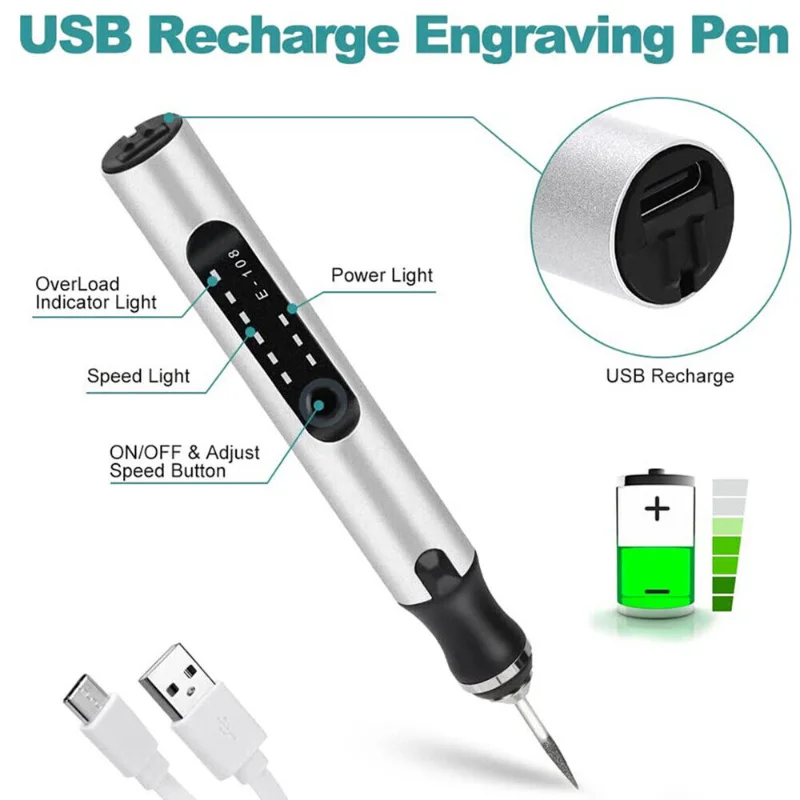 Penna Incisore Elettrica Ricaricabile USB - 30 Accessori, 3 Velocità, Per Metallo, Legno, Vetro - Foto 3