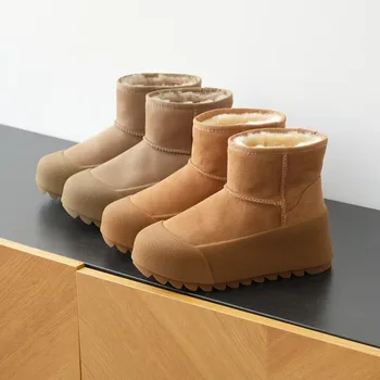 2024 Winter Warm Sheep Fur Integrated Thick Bottom Snow Boots for WomenHeight Increasing Thickened Fleece Anti Cold Short Boots