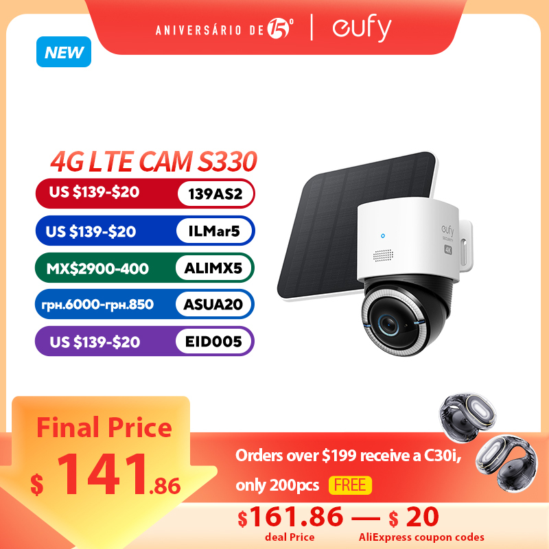 eufy Security 4G LTE Cam S330 4K Cellular Solar Security Cameras Wireless Outdoor Pan & Tilt 4G Wi-Fi Duo-Mode Surveillance