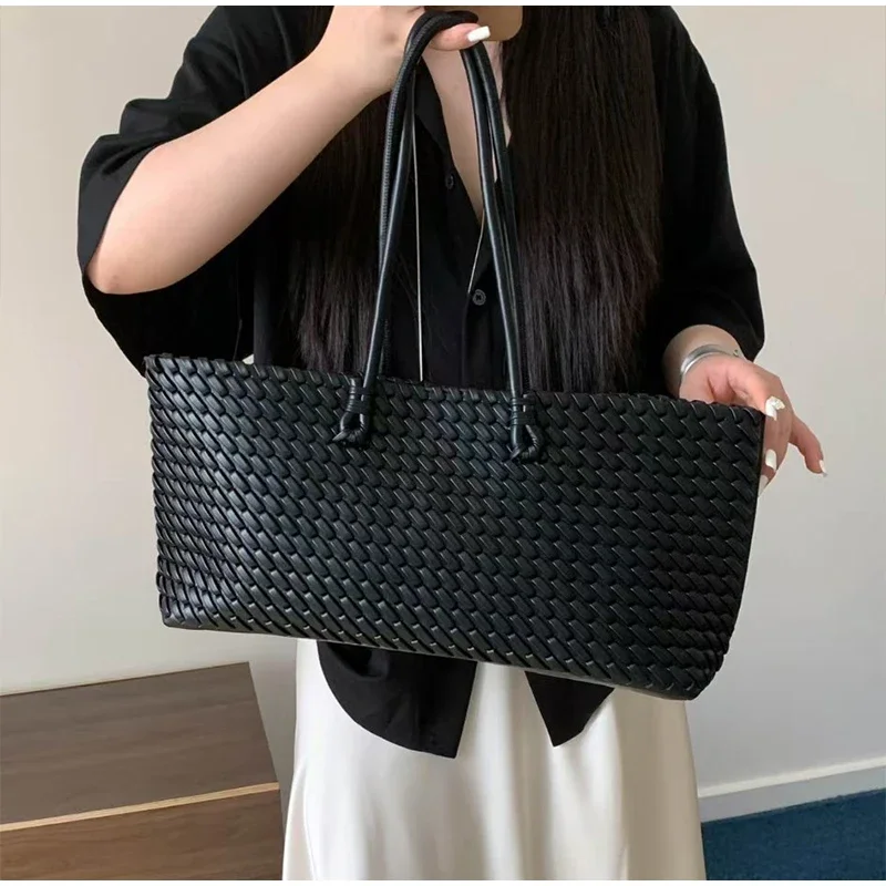 Borsa tote di lusso in PU intrecciato, borsa a tracolla allungata con manico superiore, borsa orizzontale con chiusura magnetica per lo shopping - immagine 5