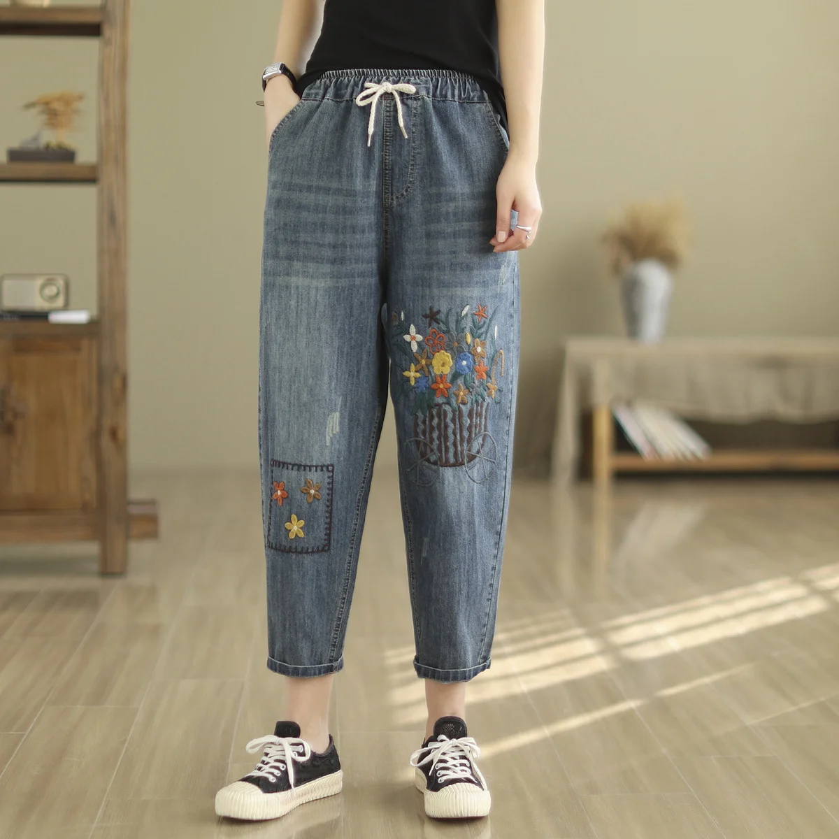 

Mori Kei Jeans Women Spring Autumn Bunches Of Flowers Embroidery Loose Denim Harem Pants Japanese Vintage Clothing