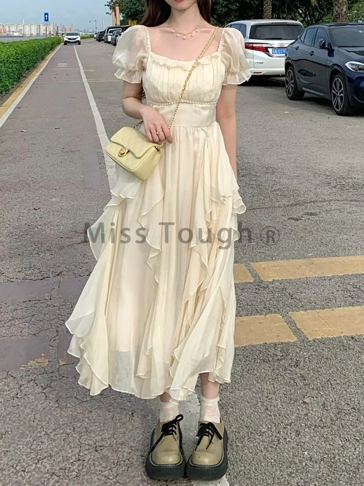 

Summer Chiffon Fairy Dress Women Solid Elegant Party Midi Dress Female Casual Korean Fashion Designer One Piece Dress 2023 New