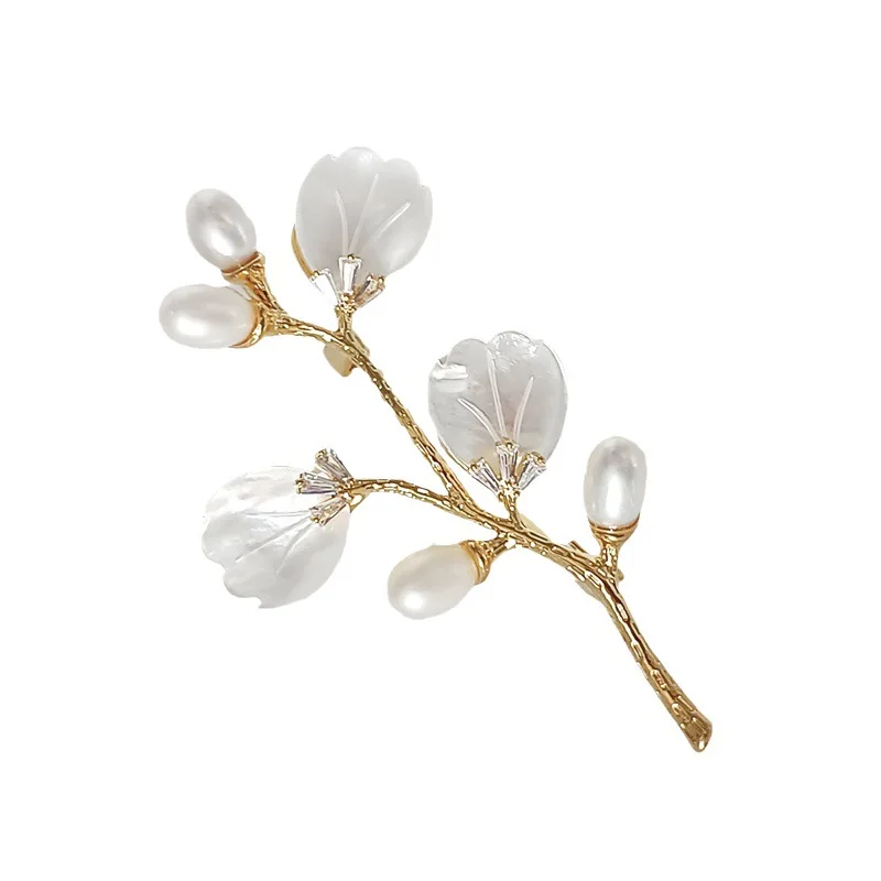 Simple Natural Shell Flower Branch Brooch Elegant Temperament Cardigan Coat Twig Pin Pearl Corsage Ornament Gift