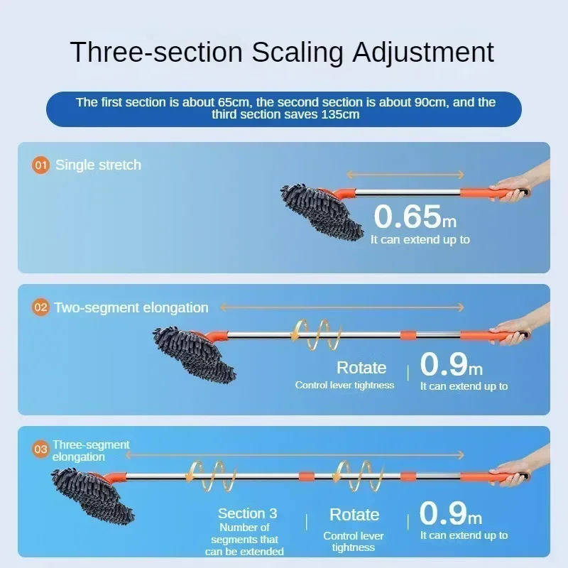 Car Wash Mop Double Brush Head Rotating Car Brush Three-Section Telescopic Mop Roof Window Cleaning Auto Maintenance Tools