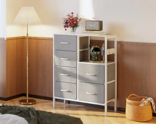 

Dresser for Bedroom with Charging Station, Fabric Dresser with 6 Storage Drawers and Shelves, Chest of Drawers for Closet
