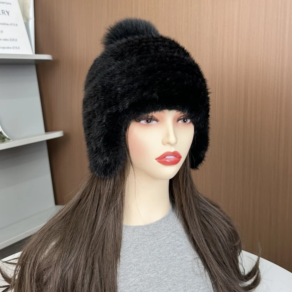 Neue Winter Damen Echt Nerz Pelz Hut Warme Verdickte Ohr Schutz Gestrickte Kappe Damen Winter Mode Zubehör – Detail 15