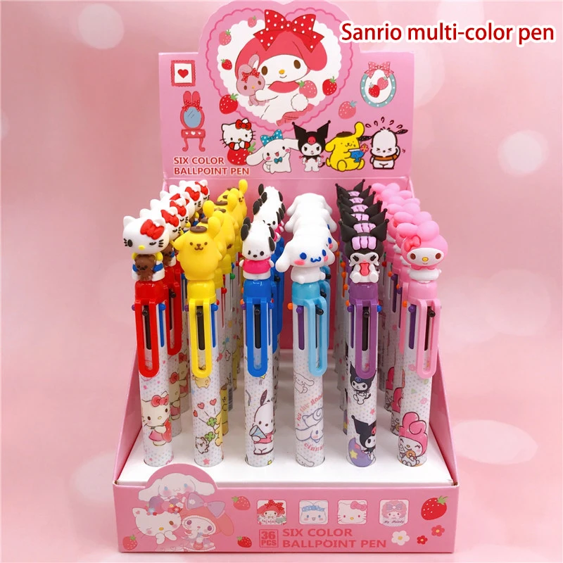 

36Pcs Sanrioed Kuromi Multi Color Pen Animation Peripherals Hello Kitty 6 Color Pens Pochacco Study Stationery Marker Pen Gift