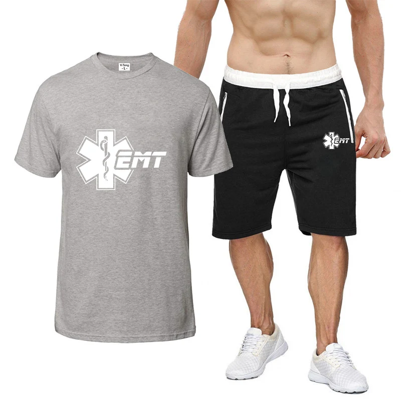 Emergency medical emergency medical 2023 men's summer new printing fashion casual eight-color short-sleeved T-shirt shorts two-p