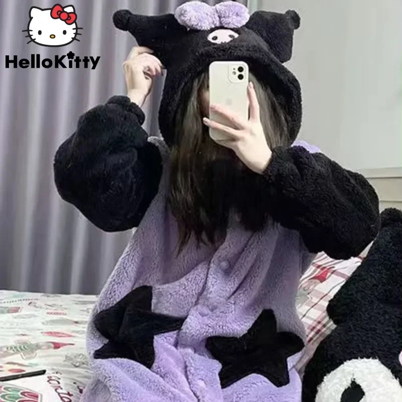 

Sanrio Kuromi Cinnamoroll Melody Kawaii Women Pajamas Cartoon Oversize Autumn Winter New Velvet Cotton Thicken Jumpsuits