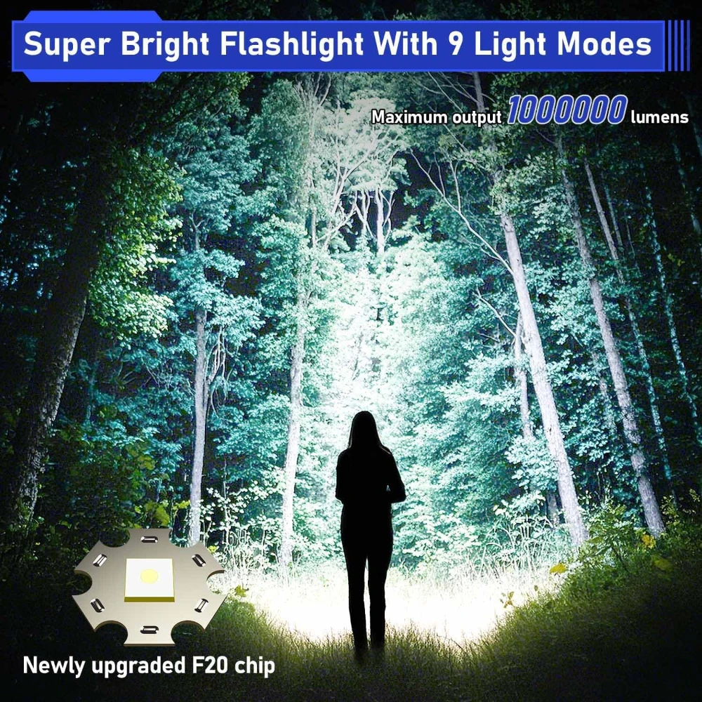 1000000 루멘 충전식 LED 손전등 자기 슈퍼 밝은 플래시 라이트 9 모드 캠핑 하이킹을위한 전술 손전등