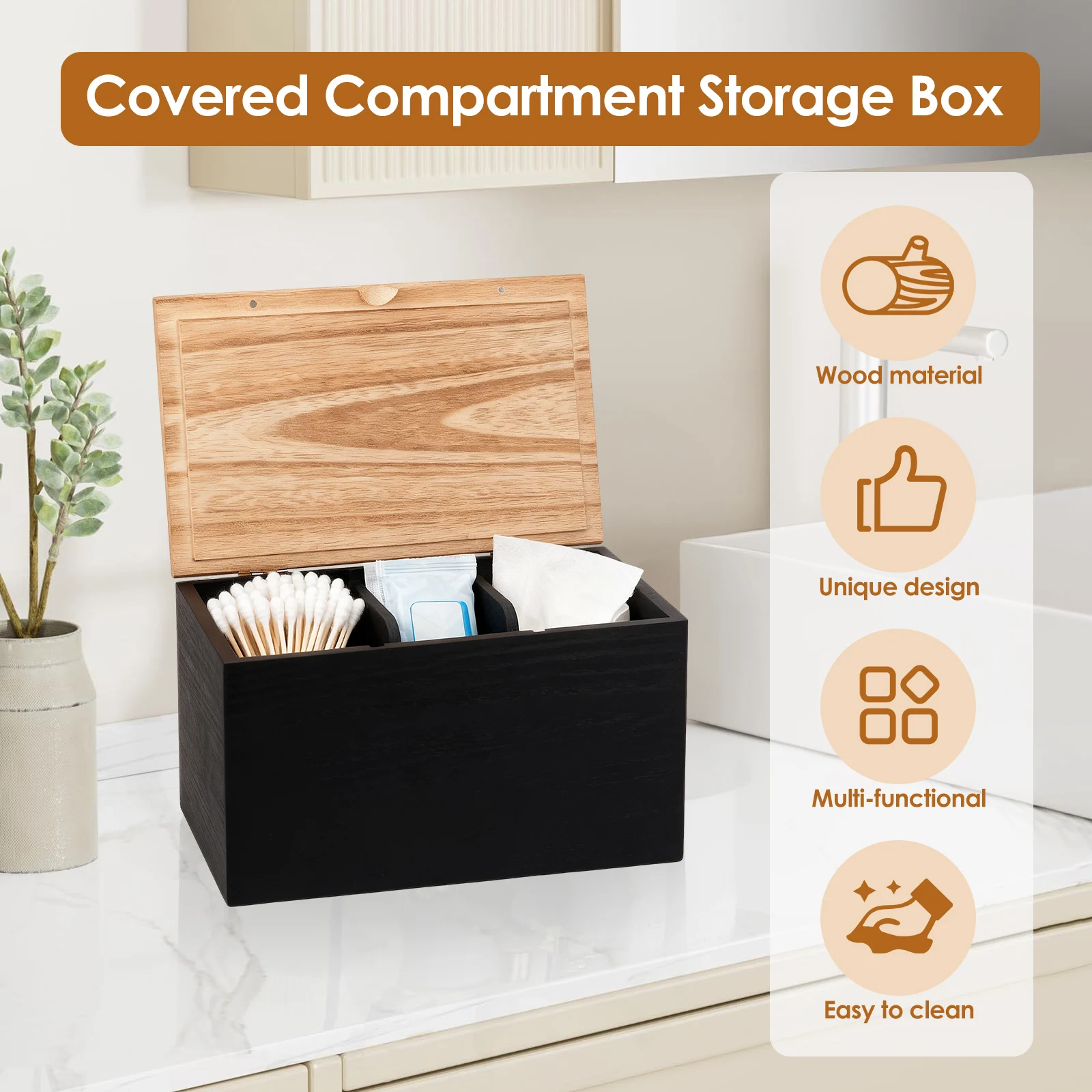 Wood Tampon Holder Sanitary Napkin Storage Bin with Lid and 2 Removable Dividers Feminine Product Organizer for Kitchen Bathroom