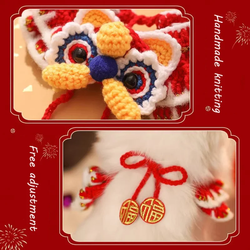 Handmade Knitting Cat Tie Adjustable Pet Accessory Chinese Lion Dance Design Magical Protection Cat Fashion Accessory