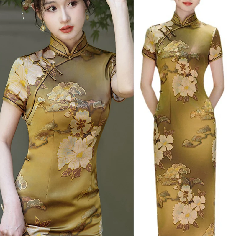 Improved New Chinese Style Dress Women Satin Print Cheongsam Elegant Vestidos Summer New Long Qipao Improved New Chinese Style Dress Women Satin Print Cheongsam Elegant Vestidos Summer New Long Qipao