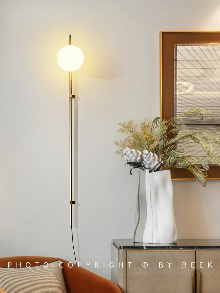 

American Long Pole Wall Lamp with Plug Gold Decorative Glass Ball Wall Sconce Light for Living Room Bedroom Bedside Wall Fixture