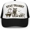 Stay Trashy Funny Raccoon Graphic Classic 5 Panel Mesh Snap Back Trucker Hat 1