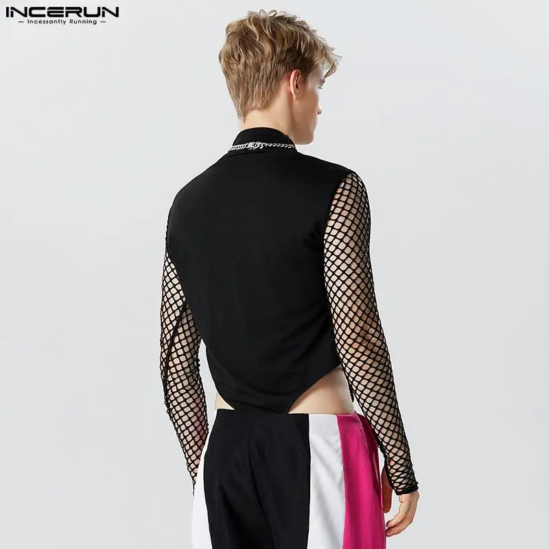 INCERUN 2023 Sexy Men's Homewear Bodysuits Half High Neck See-through Mesh Rompers Casual Male Thimble Long Sleeve Rompers S-5XL