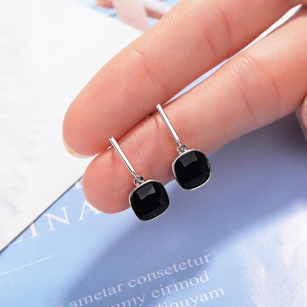 

Classic Square Studs Women's Long Earrings Cool Style Aros Mujer Oreja Orecchini Obsidian Gemstone Drop Earrings Females