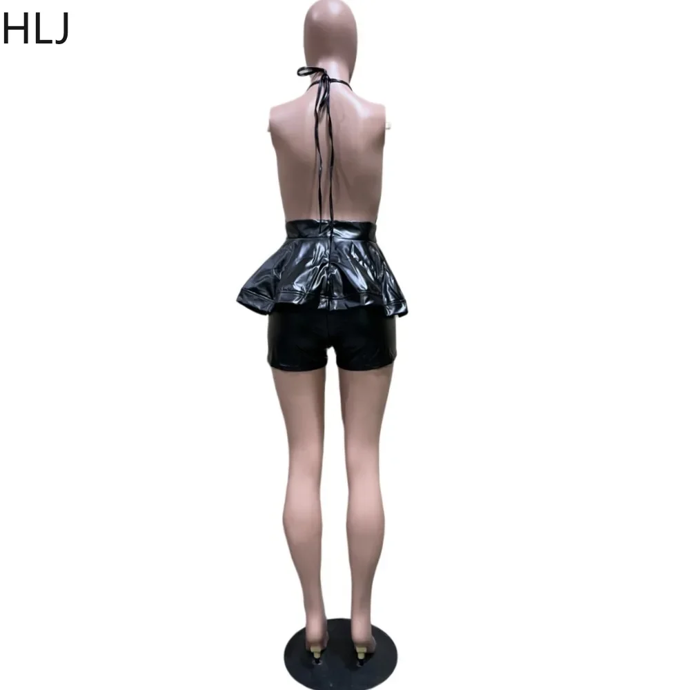 HLJ Black Sexy PU Leather Deep V Halter Bandage Rompers Women Sleeveless Lace Up Ruffle Jumpsuits Fashion Bodycon Overalls 2023