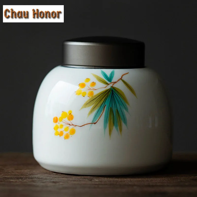Pure Hand-painted Loquat Tea Pot Household Double-layer Sealed Ceramic Pot Tea Storage Caddy Moisture-proof Pot Kung Fu Tea Set