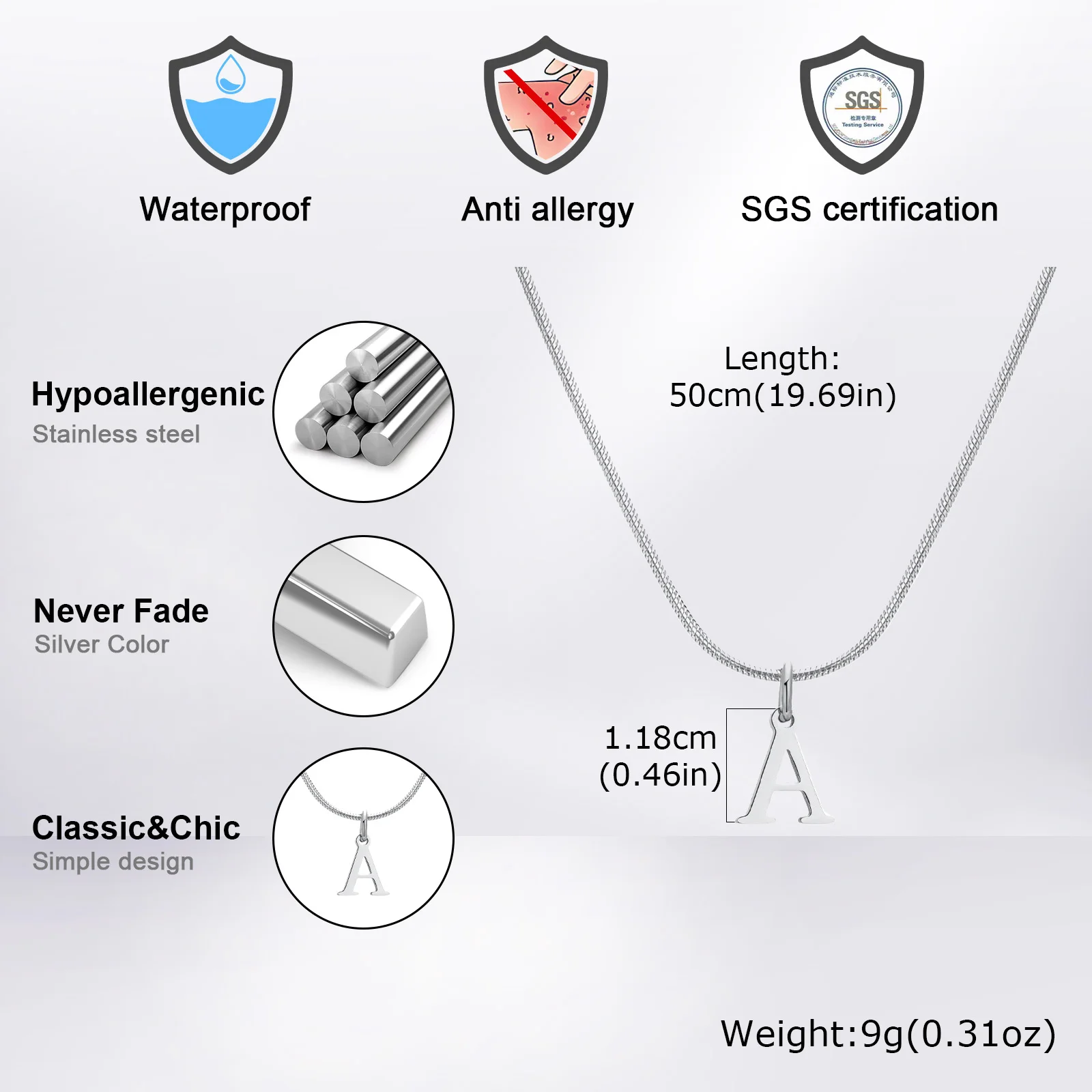 Minimalist Initials Necklace for Men,Stainless Steel Alphabet A-Z 26 Letter Collar,50/55/60CM Silver Color Thin Snake Chain