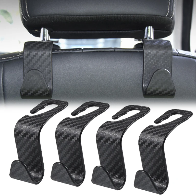 4Pcs Universal Car Seat Headrest Carbon Fibre Hook Hooks Storage Hanger Car Back Seat Organizer Holder Auto Interior Accessories