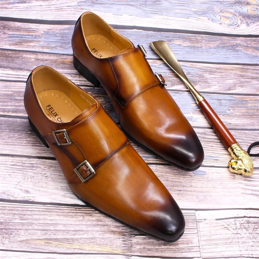 Mens Monk Strap Formal Shoes Genuine Leather Business Double Buckle Office Dress Shoes for Men