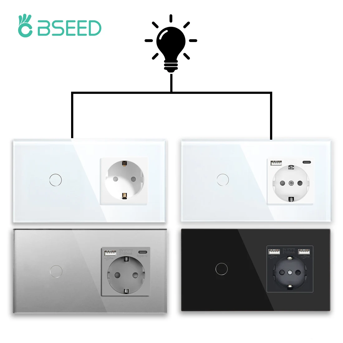 Bseed-touch Light Switches para Corredor de Escadas Painel de Vidro Luz de Fundo Azul eu Tipo-c Tomadas Usb Duplas Gangue Vias 3vias Pacote