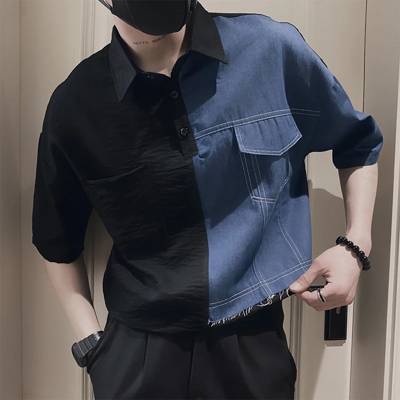 2023 Summer Summer Denim Patchwork Shirt Men Thin Short Sleeve Loose Casual Shirts Fashion Streetwear Social Party Pullover