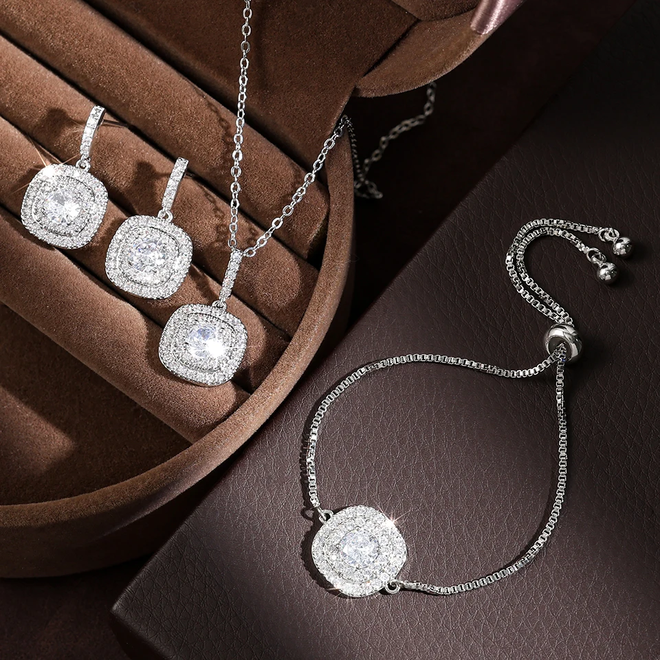 ZAKOL 3 Pcs Brilliant Micro Paved Zirconia Square Earring/ Necklace/Bracelet Jewelry Set for Women Gorgeous Wedding Jewelry 3