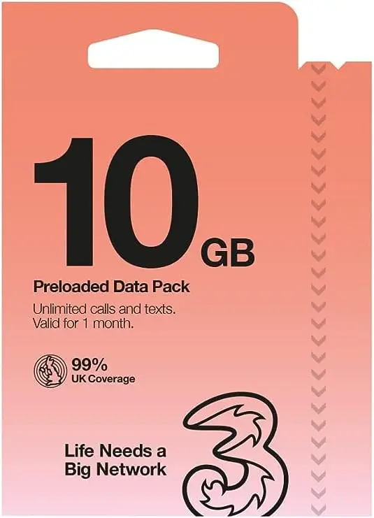 

Three Europe Prepaid SIM Card - 10GB Data + Unlimited Calls and Texts in UK, 12GB Free Roaming in 71 Destinations, Valid for 30